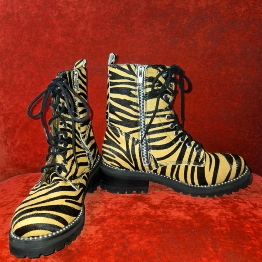 Aqua JAX Tiger Print Studded Combat Boots CowPunk Calfhair Western Chunky Boots